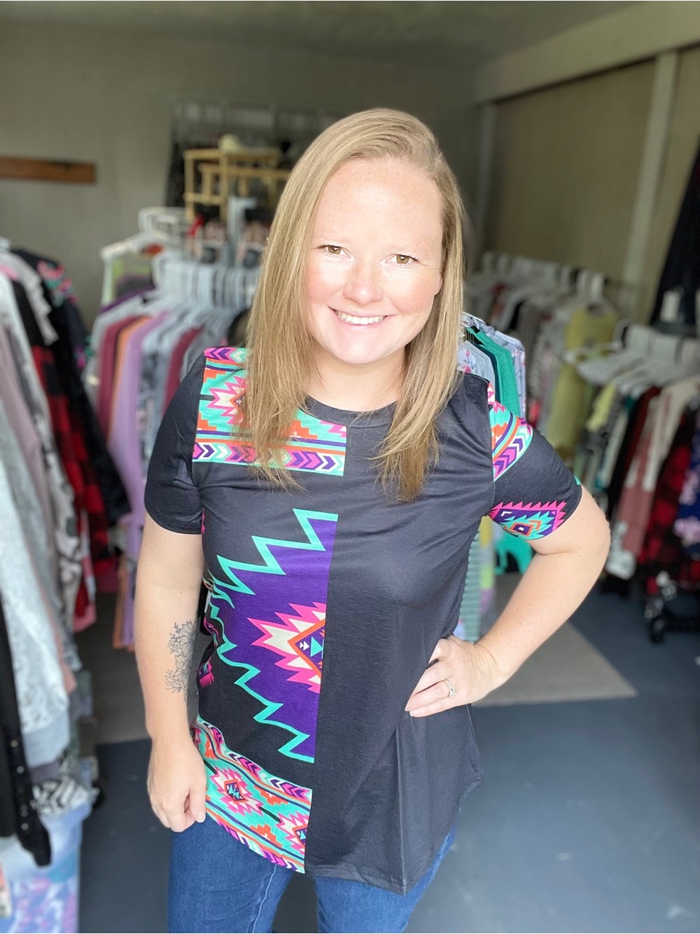 Black Aztec-Print Short Sleeve Top